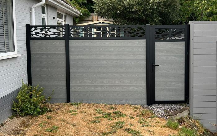 Close-up of composite fencing with decorative top trellis, in Didcot